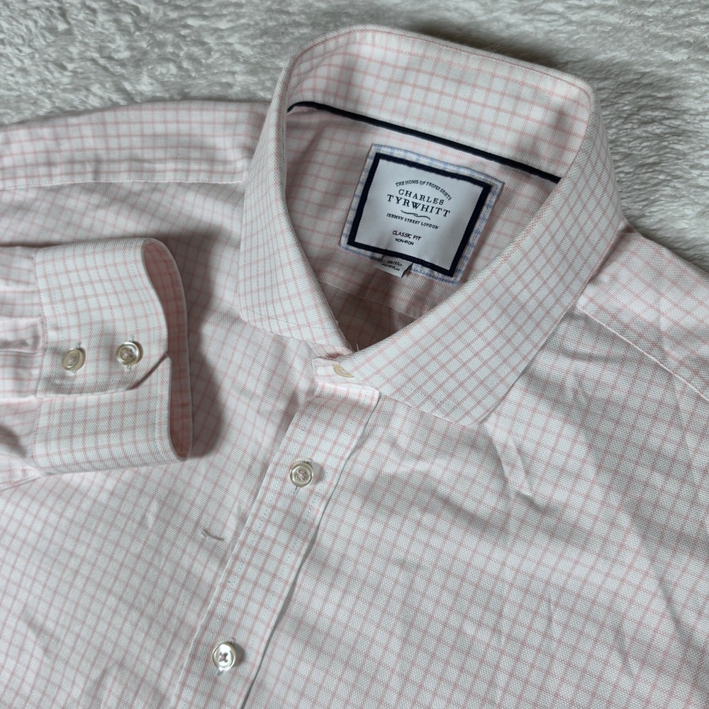 NEW Charles Tyrwhitt Classic Fit Mens 18/35 Pink White Grid Check L/S Button Up